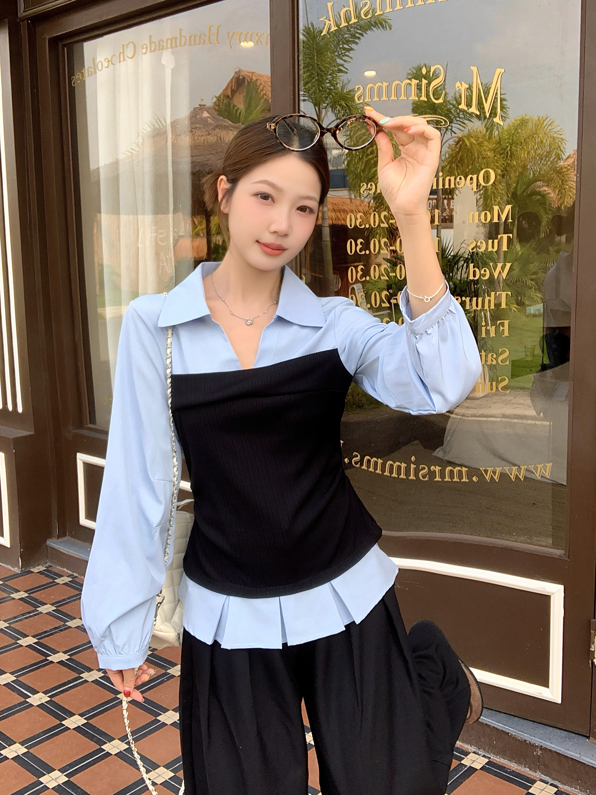 RY8986# 大码胖mm韩系假两件撞色拼接长袖衬衫女早秋新款收腰显瘦别致上衣