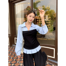 批发大码胖mm韩系假两件撞色拼接长袖衬衫女早<b class='q'>秋</b>新款收腰显瘦别致上衣