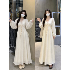 批发大码法式V领蕾丝连衣裙女2026秋冬新款长袖裙子奶油杏设计感长裙