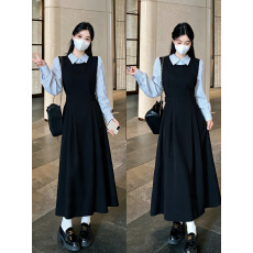 批发法式时尚通勤风假两件衬衫连衣裙女秋季新款大码胖mm收腰显瘦长裙