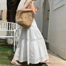 批发实拍~白色<b class='q'>半身</b>裙女2026夏A字大摆裙中长款蛋糕裙蕾丝花边蓬蓬伞裙