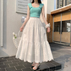 批发实拍~白色刺绣钩花蕾丝<b class='q'>半身</b>裙女夏季新款高腰显瘦拼接蛋糕中长裙