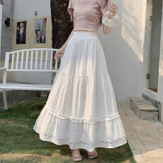 批发实拍~春夏新款2026白色半身裙中长款蕾丝花边拼接甜美百搭a字伞裙