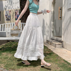 批发实拍~春夏白色蕾丝花边刺绣拼接荷叶边中长款半身裙百搭显瘦a字裙