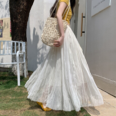 批发实拍~春夏网纱拼接蕾丝百褶半身裙显瘦a字大摆伞裙垂感<b class='q'>休闲</b>长裙