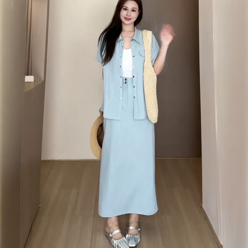 FA33335# 大码女装夏日绝美套装短袖西装外套半身裙胖mm休闲显瘦通勤两件套 服裝批發女裝批發服飾貨源