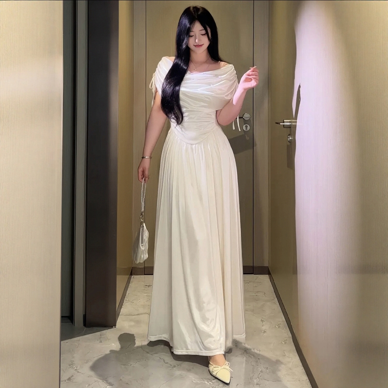 빅 사이즈 여성 의류 지방 mm 프랑스식 고급 센스 오프숄더 흔들다 칼라 드레스 2025 여름 슬림해 보이는 품격 길다 치마