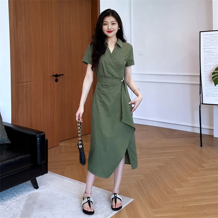 빅 사이즈 디자인 센스 불규칙 품격 꼬집기 허리 여성 드레스 여름 지방 mm 배 종류 몸 슬림해 보이는 트임 치마