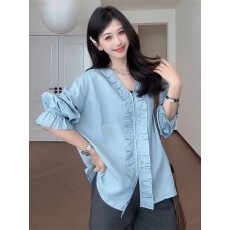 批发大码<b class='q'>女装</b>法式蓝色木耳边V领<b class='q'>衬衫</b>女2026春季新款胖mm长袖宽松<b class='q'>衬衣</b>