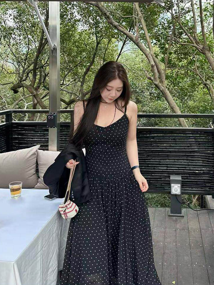 빅 사이즈 여성 의류 프랑스식 레트로 낭만주의 도트 무늬 슬립 드레스