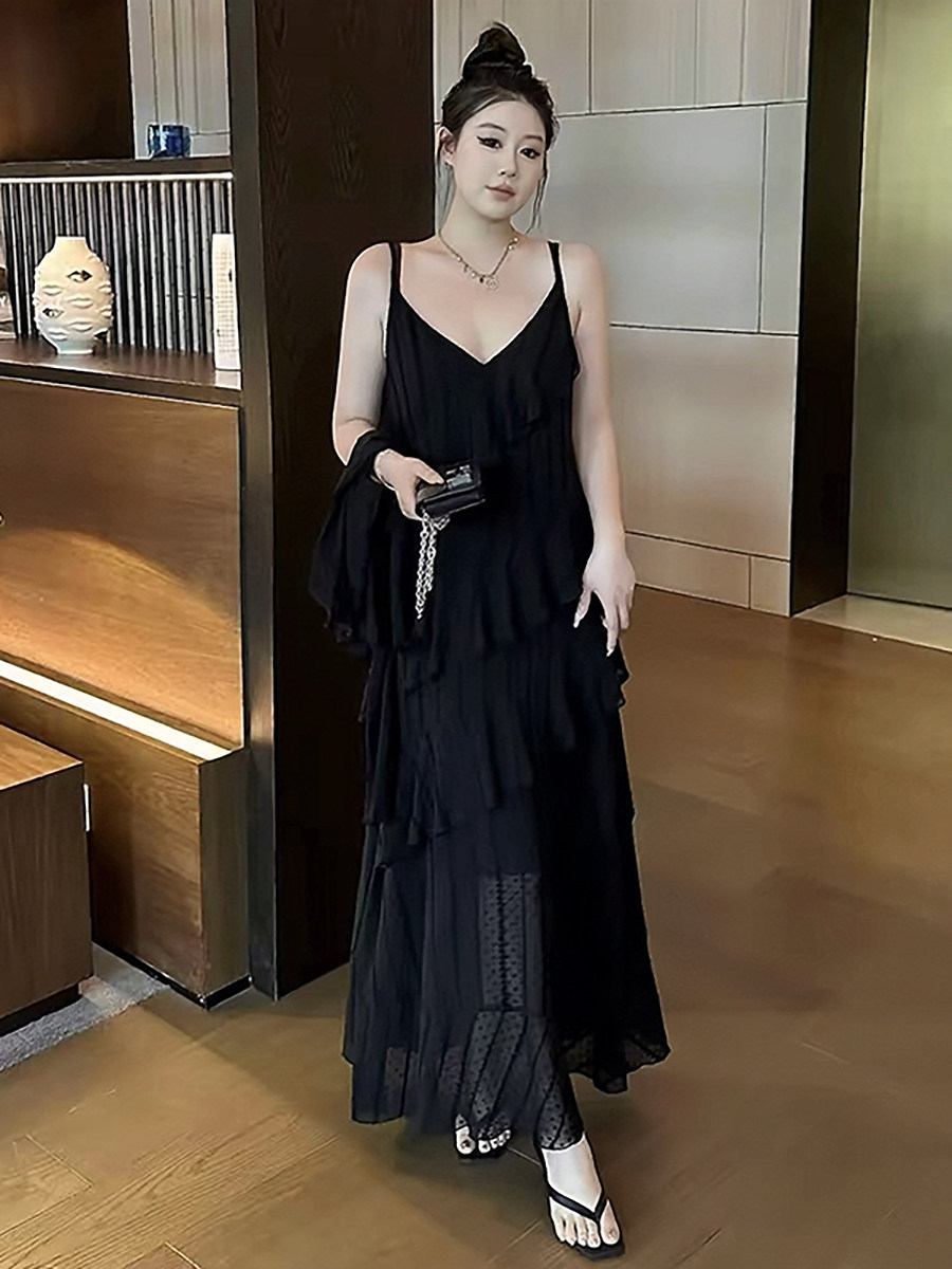 빅 사이즈 여성 의류 지방 mm 프랑스식 V넥 프릴 자수 슬립 드레스 2026 여름 슬림해 보이는 품격 롱 스커트