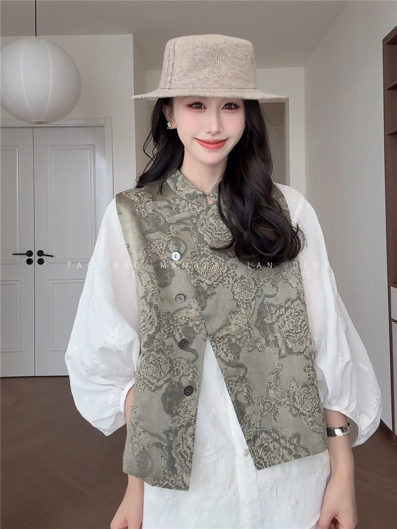 새로운 중식 빛 국풍 품격 착용 가져 가라. 민소매 자카드 베스트