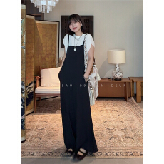 批发夏季新款法式休闲风气质通勤风百搭简约宽松黑色<b class='q'>背带裤</b>