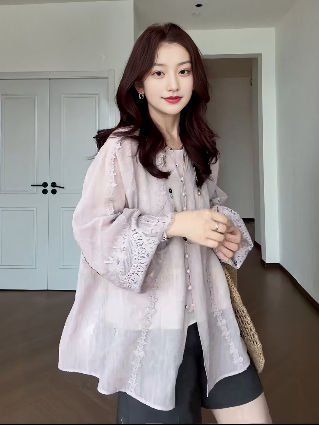 빅 사이즈 여성 의류 프랑스식 무거운 작업 레이스 얇은 스타일 자외선 차단 긴팔 셔츠 새로운 맨위 지방 mm 루즈핏 표지 고기 셔츠