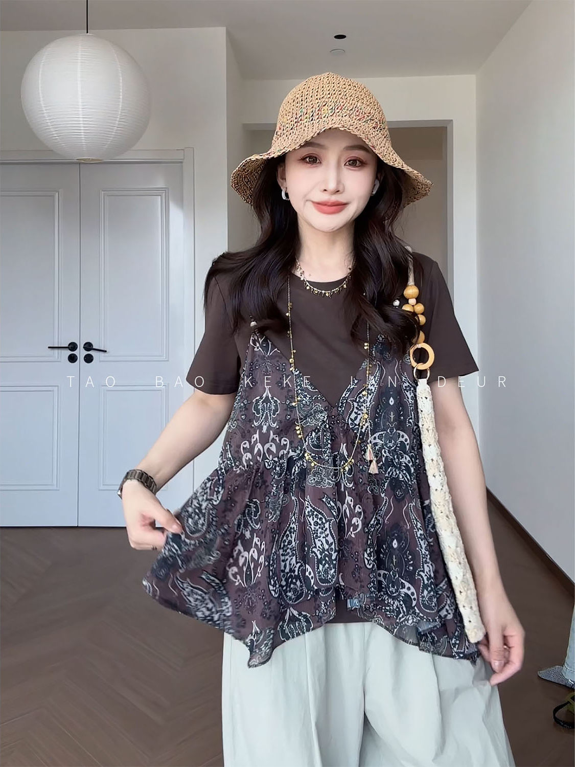 반팔 티셔츠 레트로 슬립 꽃무늬 반팔 세트
