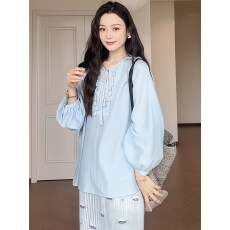 批发胖mm法式木耳边褶皱蓝色衬衫女大码夏新款宽松V领泡泡袖防晒上衣