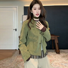批发复古绿色短款麂皮绒外套<b class='q'>女</b>早秋2026新款小个子绒面皮夹克工装上衣
