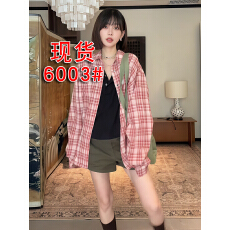 批发微胖mm韩系慵懒<b class='q'>街头</b>风翻领格纹长袖衬衫女夏季松弛感显瘦防晒上衣