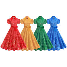 批发实拍2026亚马逊跨境热卖<b class='q'>波点</b><b class='q'>衬衫</b>领法式复古赫本港风连衣裙