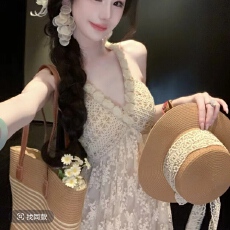 批发【雅乔定制】雾岛听风 重工编织棉刺绣V领挂脖连衣裙