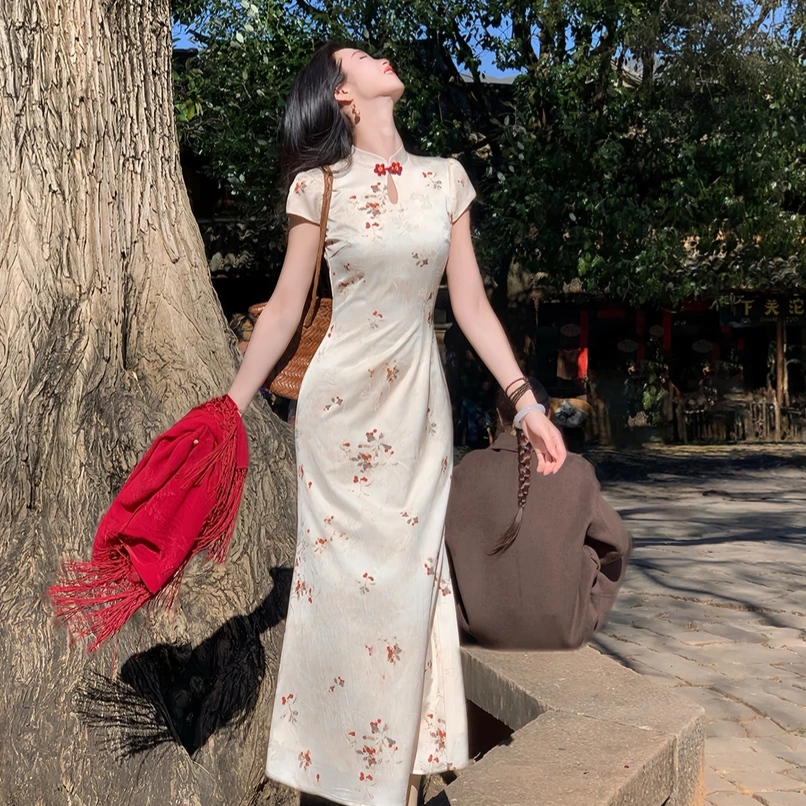 RY2048# 凌茜恣禾国风新中式梭织缎面印花气质显瘦改良旗袍连衣裙女