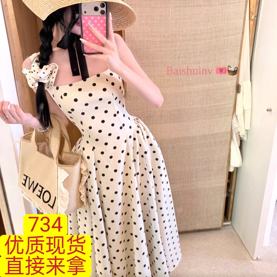 화이트 워터 여성 游园 앨리스 그는 벤 바람 도트 무늬 슬립 드레스 여성 봄 여름 프랑스식 레트로 몸매 가꾸기 드레스