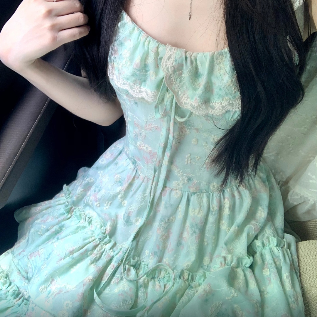 하나 달콤한 복숭아 ikett 박하 남자 웨이브 여름 슬립 여성 드레스 프린트 꼬집기 허리 슬림해 보이는 원피스 치마