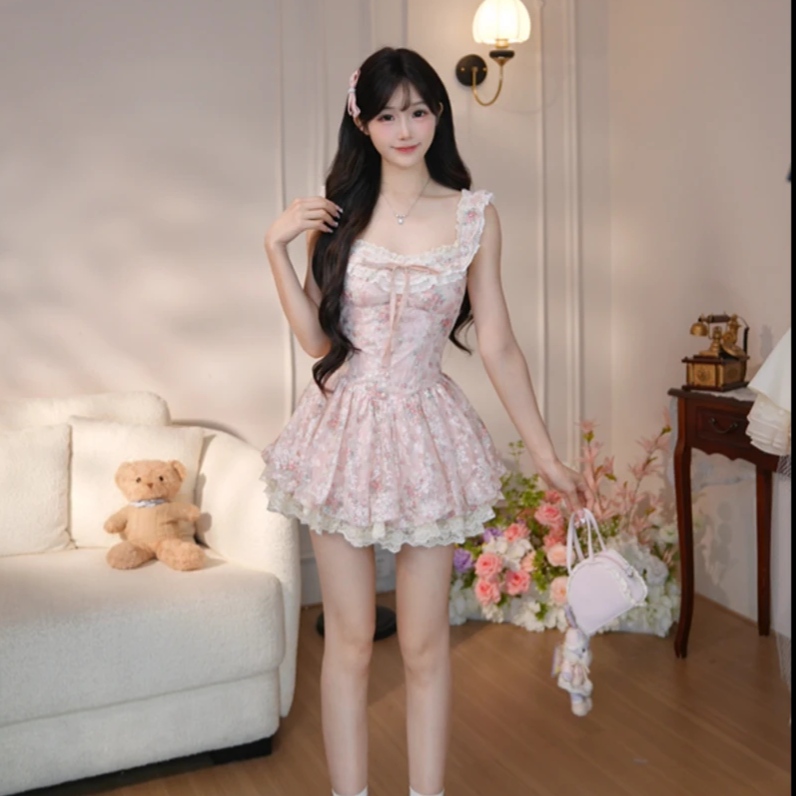 사랑 하와이 프랑스식 디자인 센스 휴가 바람 레트로 꽃무늬 슬립 드레스