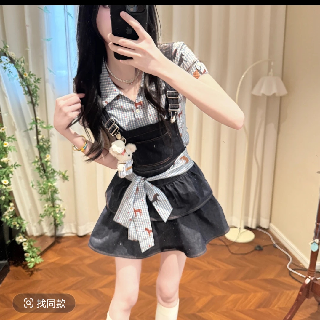 숲 작은 엄마 직물 돼지 오리지널 달콤함 소녀 바람 여름 프린트 체크무늬 반팔 셔츠 데님 멜빵 스커트