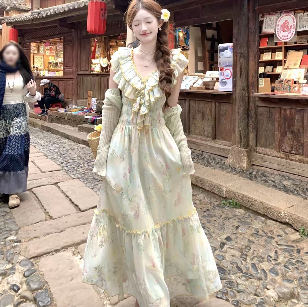 낭만주의 푸꾸옥 섬 휴가 바람 프릴 자수 드레스