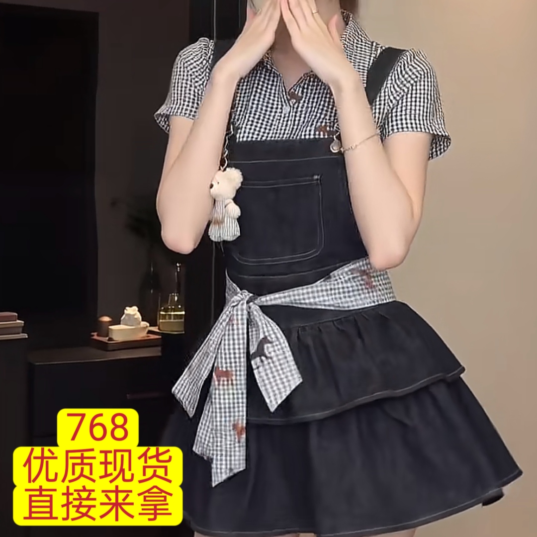 숲 작은 엄마 직물 돼지 오리지널 달콤함 소녀 바람 여름 프린트 체크무늬 반팔 셔츠 데님 멜빵 스커트