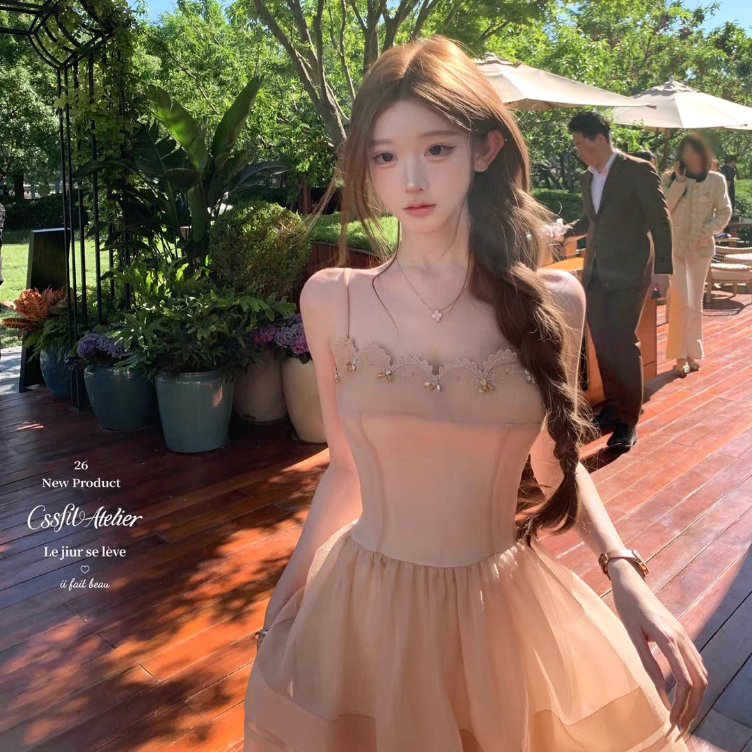 늦게 우산 우산 26 ss 저녁 바람 주황색 포 멜로 무거운 작업 순수한 손 비즈 박기 자수 복숭아 분말 슬립 롱 스커트 드레스