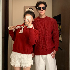 批发实拍#出货中#情侣装2025设计感蝴蝶结圣诞红色针织衫订婚领证毛衣