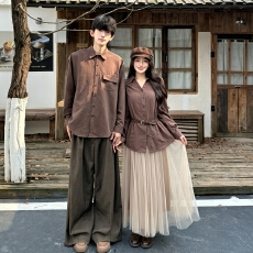 批发实拍#出货中#情侣装秋季2026新款复古老钱风收腰长袖衬衫百搭上衣