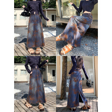 批发实拍 雪尼尔加绒提花植物高腰直筒牛仔裙女冬季新款大码百搭A字裙