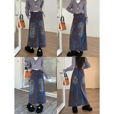 批发实拍 雪尼尔加绒提花植物高腰直筒牛仔裙女冬季新款大码百搭A字裙