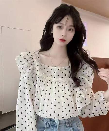 프랑스식 외국 가스 디자인 센스 작은 대중 긴팔 프릴 도트 무늬 쉬폰 여성 셔츠 봄 2026 새로운 작은 맨위