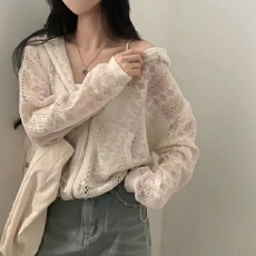 批发韩国chic秋季新款小众减龄镂空提花抽绳下摆长袖连帽式<b class='q'>蕾丝</b>外套女