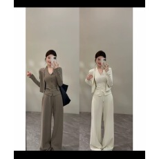 批发春夏新款慵懒显瘦松弛感开衫吊带高腰长裤三件套套装