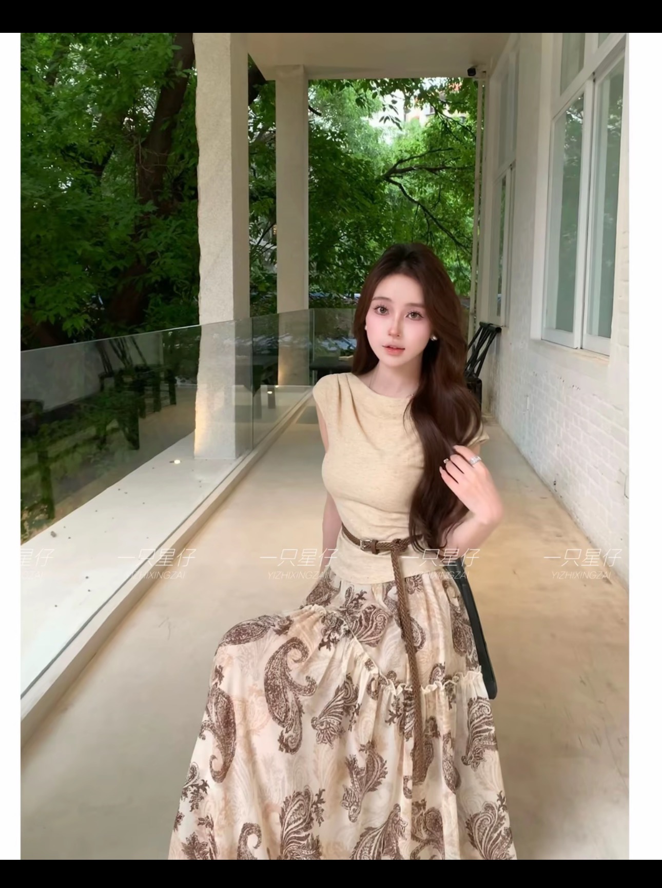 프랑스식 우아함 빛 럭셔리 허리 수축 반팔 맨위 클래식 페이 S 이익 프린트 반신 치마 세트