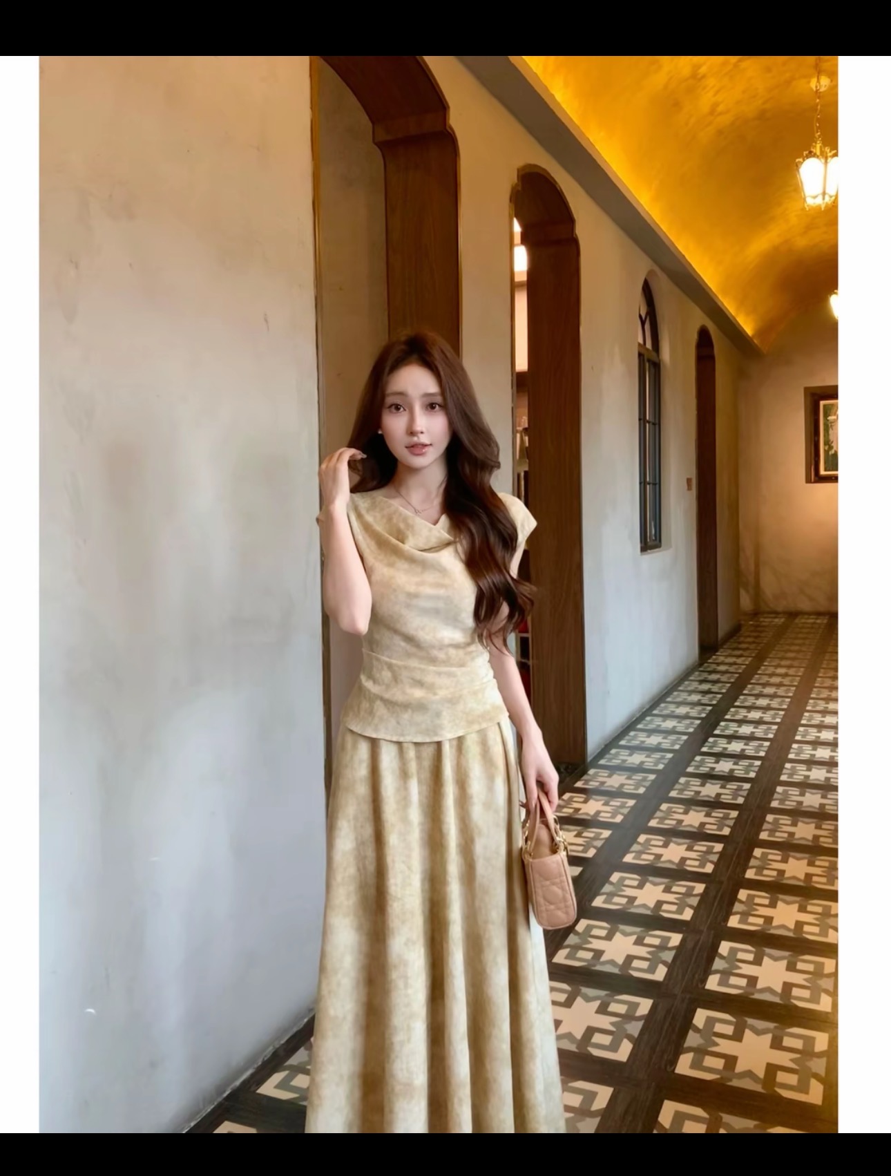 프랑스식 빛 럭셔리 주간 실크 마 홀치기 염색 핀치 Pleat 허리 수축 슬림해 보이는 맨위 한 마디 반신 치마 세트