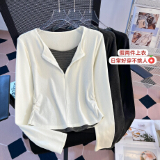 批发实拍2026春新款设计感无帽<b class='q'>修身</b>收腰经典条纹拼色半拉链爆款T恤女