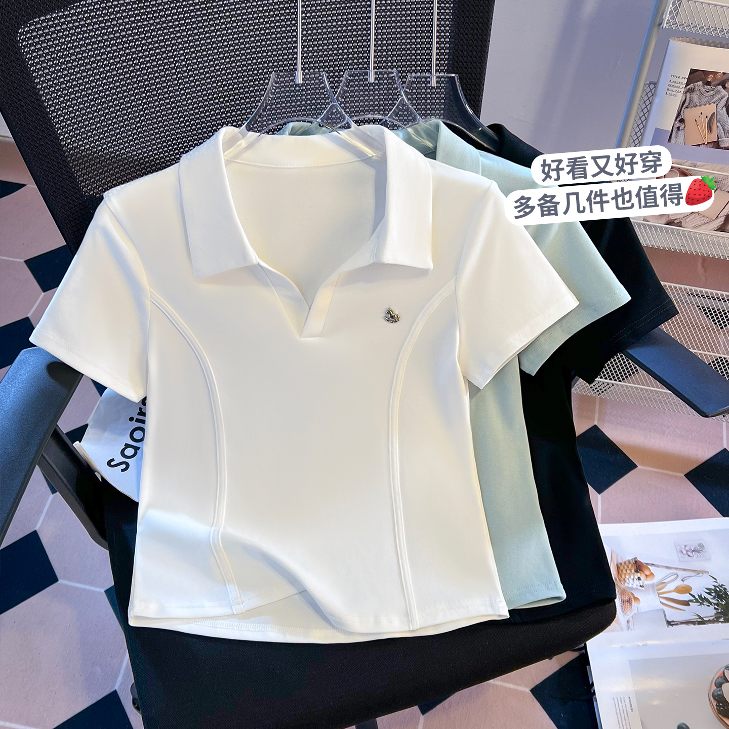 실사 2026 한 부서 달콤한 자매 바람 POLO 칼라 반팔 티셔츠 여성 소매 몸 슬림해 보이는 생선뼈 디스플레이 디자인 쇼트 스타일 맨위