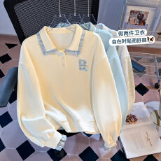 批发实拍韩系格纹拼接polo假两件<b class='q'>卫衣</b>清新<b class='q'>小熊</b>刺绣宽松学院风秋款上衣