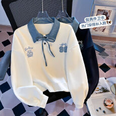 批发实拍牛仔领系带假两件Polo<b class='q'>卫衣</b>女学院风数字刺绣宽松短款上衣