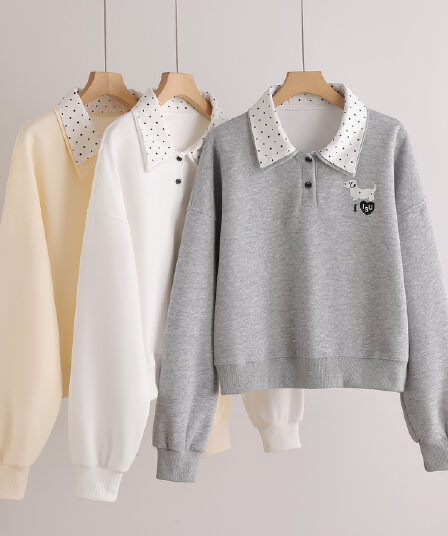 실사 도트 무늬 이중층 POLO 칼라 후드티 여성 닥스 훈트 자수 루즈핏 한 부서 학원 스타일 연령 감소 긴팔 맨위