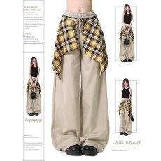批发夏季复古高街休闲裤女<b class='q'>大码</b>女装宽松嘻哈美式格子裙摆设计感拖地…