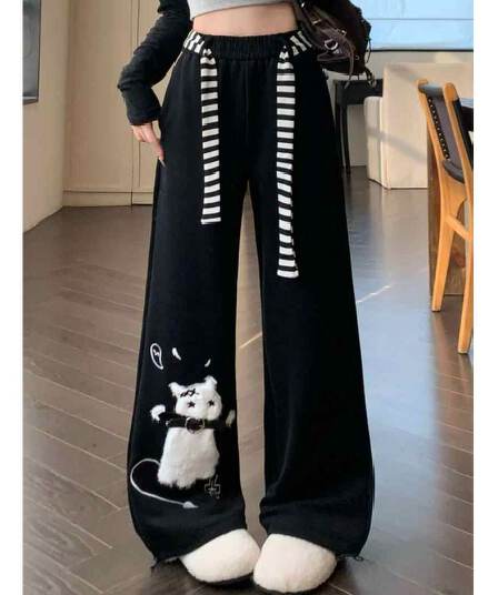 빅 사이즈 지방 mm 아메리칸 귀여운 고양이 검정색 캐주얼 웨이 바지 여성 봄 여름 느긋한 바람 도루 센스 루즈핏 와이드 레그 팬츠