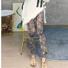 批发95涤 韩版印染网纱直筒裤女春季新款显瘦高腰外穿弹力小脚打底
