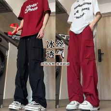 批发冰丝冲锋工装裤子男潮牌美式复古高街机能大码伞兵裤阔腿休闲长…